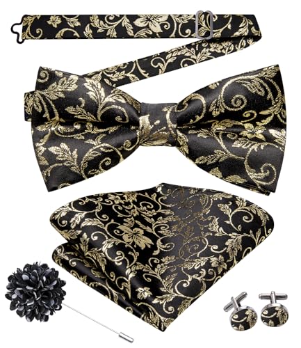 Image of Hi-Tie Pretied Bow Ties for Men Wedding Formal Bow Tie Handkerchief Cufflinks Lapel Pin Set Party Formal Mens Bowtie Set, Black Beige Floral, Medium