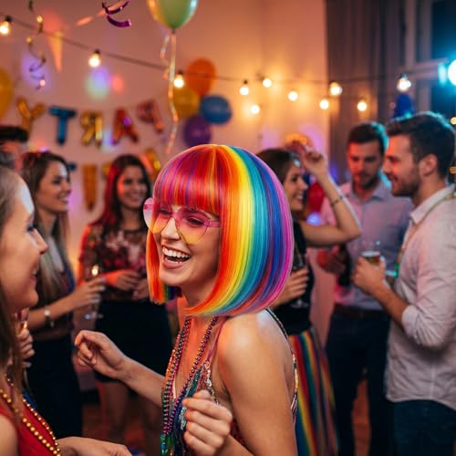 Image of Rainbow Wig, Short Bob Wigs with Heart Sunglasses Hair Cap for Women, Short Wigs for Halloween Costume, Daily Use and Special Events