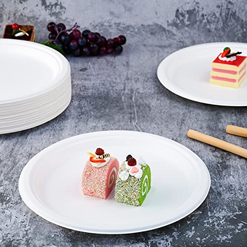 Vplus 150 Pack Compostable Disposable Paper Plates 10.25 inch Super Strong Paper Plates 100% Bagasse Natural Biodegradable Eco-Friendly Sugarcane(white)