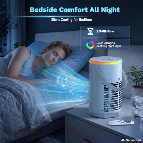 Image of Portable Air Conditioners, 40oz Mini Air Conditioner for Room, Portable Evaporative Air Cooler with 3 Wind Speeds, 3 Cool Mist Modes & 7 LED Lights, 8H Timer, Personal Cooling Fan for Office Desk