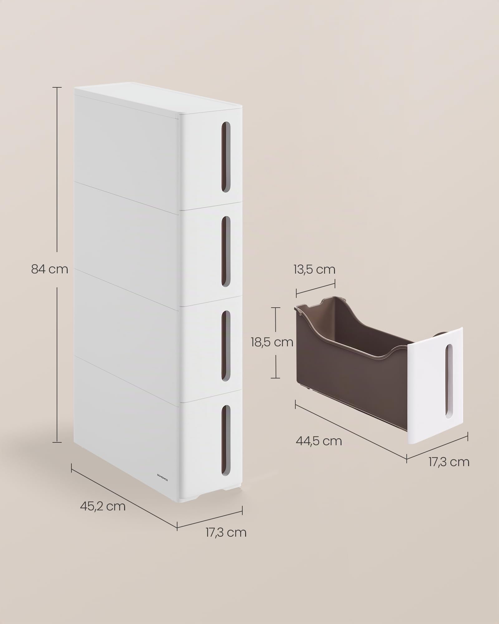 SONGMICS Étagère de Rangement à Roulettes pour Petits Espaces, Chariot Roulant avec 4 Tiroirs, Largeur 17,3 cm, Fin, Salle de Bain, Cuisine, Plastique PP, 45,2 x 17,3 x 84 cm, Blanc et Marron KFR08WT