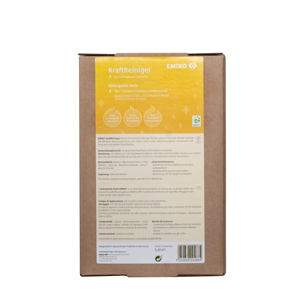 EMIKO KraftReiniger 5 Liter Bag in Box, kraftvolle biologische Reinigung für den ganzen Haushalt mit erhöhtem Anteil Waschnussextrakt, Essig und Alkohol