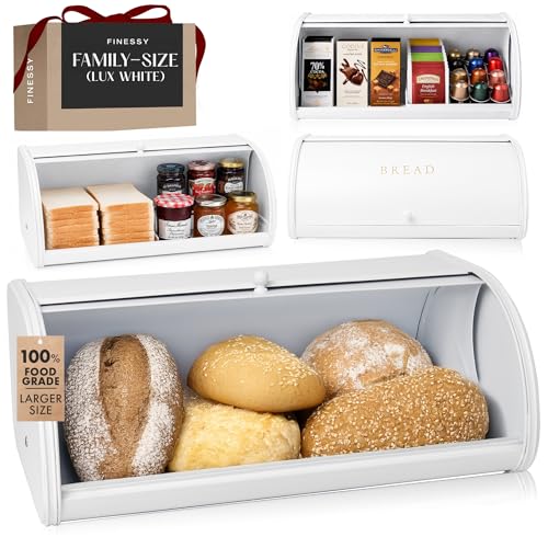 FINESSY Large Bread Box Roll Top, White Metal Bread Box For Kitchen Counter | Bread Box For Homemade Bread, Holds Two Loaves, Bagels & Muffins. White Metal Bread Box With Roll Top Lid 17.3 × 10.4 × 6.8