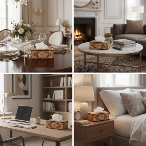 Image of Vintage Cream Floral Printed Tissue Box Holder Elegant Wooden Tissue Box Cover for Dining Table, Bedroom & Office 6.5x5x3 Inch