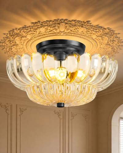 GloMuse Semi Flush Mount Ceiling Light Fixture 11.8 Vinatge Black Ceiling Lights Mid Century Modern Clear Glass Close to Ceiling Lighting Fixtures for Bedroom Hallway Foyer Bathroom Kitchen Entryway