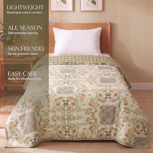 Image of HOMEKART Premium 100% Cotton Dohar for Single Bed | Reversible AC Blanket | Lightweight All Season Comforter | Soft & Breathable Summer Quilt for Adults | 150 GSM | 88 x 58Inches (Vintage Peach Vine)