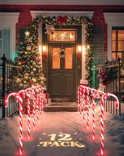 COOLWUFAN 12 Pack Christmas Candy Cane Pathway Markers, 17'' Christmas Outdoor Decorations Pathway Lights with 60 Warm Lights for Indoor and Outdoor Xmas Holiday Party Patio Yard Decor