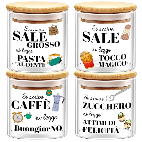 WELCOMAT, Set Barattoli Vetro Sale Zucchero Caffè - 10x13cm - Idee Regalo Cucina, Barattolo con Chiusura Ermetica, Descrizione Simpatica, Contenitori, Vetro e Legno, Porta spezie