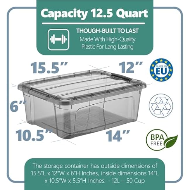 Tribello 12.5 Quart Storage Bins with Lids, Plastic Storage Containers with Latching Lids For Organizing - Tinted - (15.5¡¯ x 12¡± x 6¡±) - Set of 2 - Made in EU