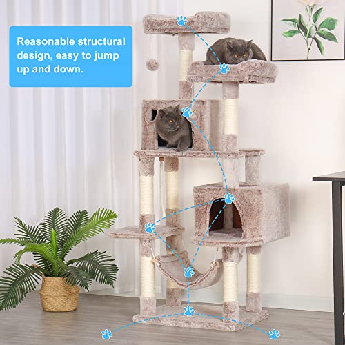 Image of Hey-brother Large Multi-Level Cat Tree Condo Furniture with Sisal-Covered Scratching Posts, 2 Bigger Plush Condos, Perch Hammock for Kittens, Cats and Pets, Muchroom MPJ020MU