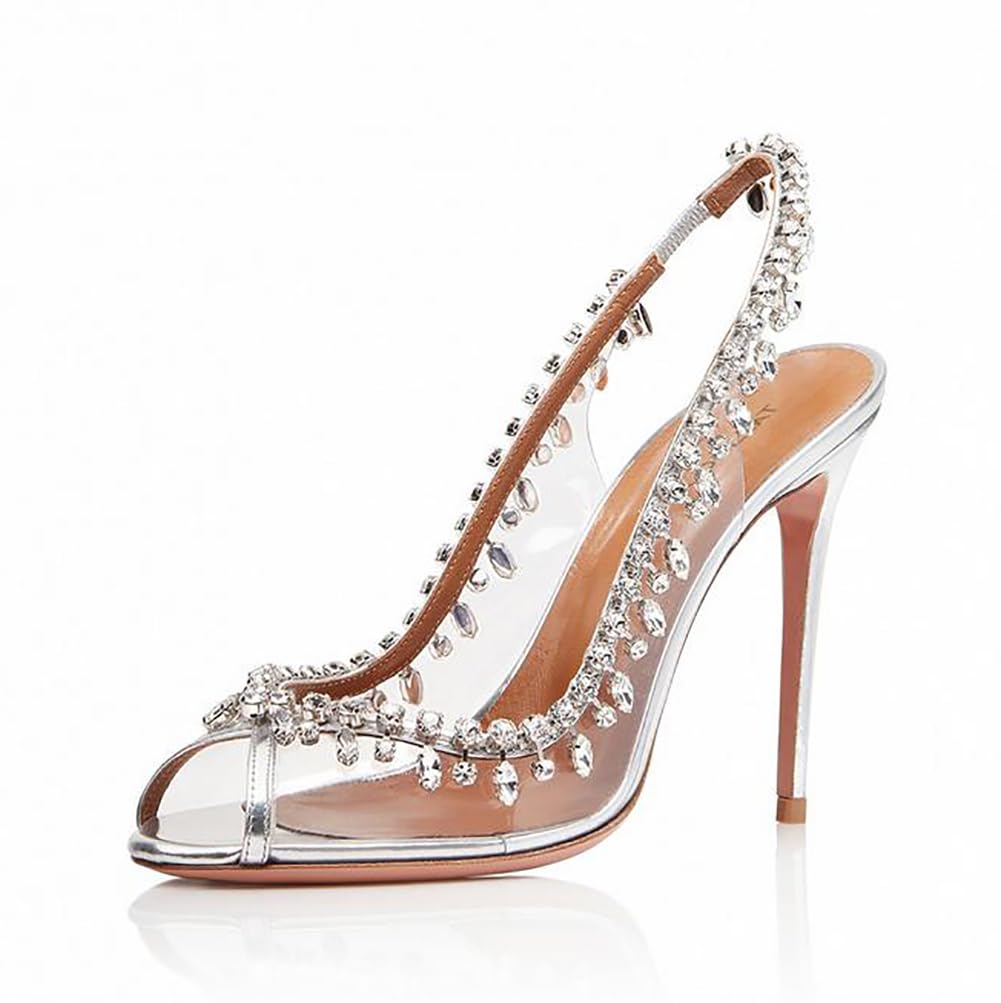 KRLZKID Women Handmade Wedge Sandals Transparent Rhinestones Decor Lightweight Comfortable Peep Toe Stiletto Slippers,White-41
