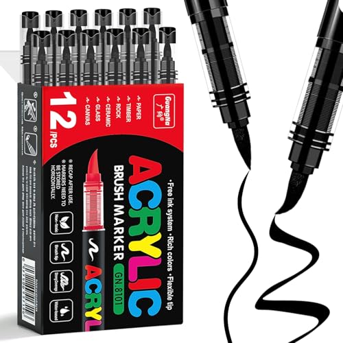 Surcotto 12 PCS Black Acrylic Paint Markers Soft Brush Tip Acrylic Paint Markers Quick-Drying Waterproof Acrylic Markers for Canvas Rock Painting Wood Stone Glass Ceramic Fabric Painting