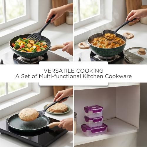 Image of Crystal Aluminum 11 Pcs Non Stick Cookware Set with Induction Bottom | Tawa, Fry Pan, Kadhai with Lid, 4 Serving Spoons, 3 Containers | 4 Layer Non Stick Coating | PFOA Free | Green