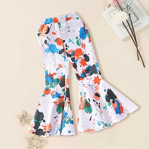 Cute Toddler Girls Colorful Doodle Flared Pants Elastic Waist Ripped Denim Pants Pull On Stretch Trousers Pants2