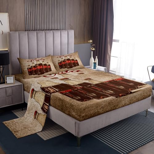 Feelyou Kids Cola Bedding Set Twin Size, Vintage Sheet Set Drinks Bed Sheets Set Boys Girls Summer Holiday Teens Bedroom Decor with 1 Pillow Case