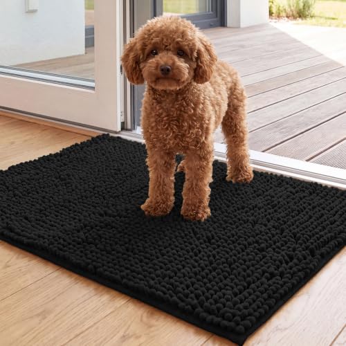 Image of H.VERSAILTEX Dog Door Mat for Muddy Paws Absorbent Dirt Trapper Non Slip Quick Dry Washable Chenille Mats for Dogs Entry Rug for Indoor Outdoor (Black, 17 inch x 24 inch)