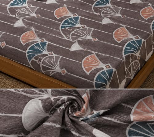 Image of Fitted Bedsheet Brown Multicolor Geometric Fan Print Glace Cotton 210 TC |Queen Size for Double Bed Fits 5 x 6.5 ft Mattress (60 x 78 Inch) | All Around Elastic | 2 Pillow Covers | 10 Inch Deep Pocket