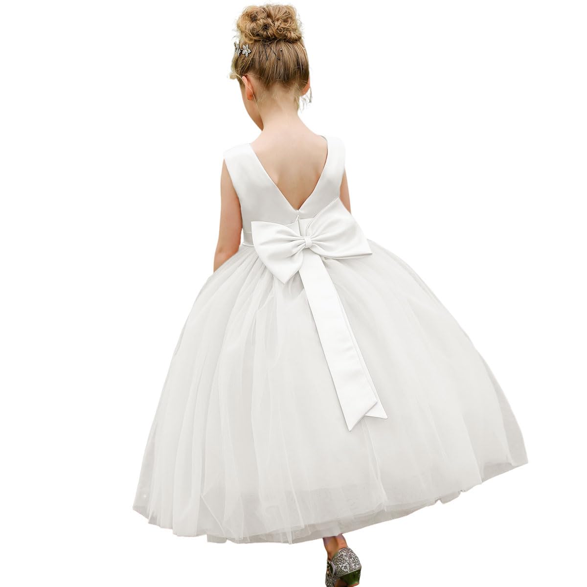 Aibaowedding Abito da ragazza di fiore in raso di tulle principessa corteo fiore ragazza vestito per il matrimonio bambini abiti da ballo con fiocco