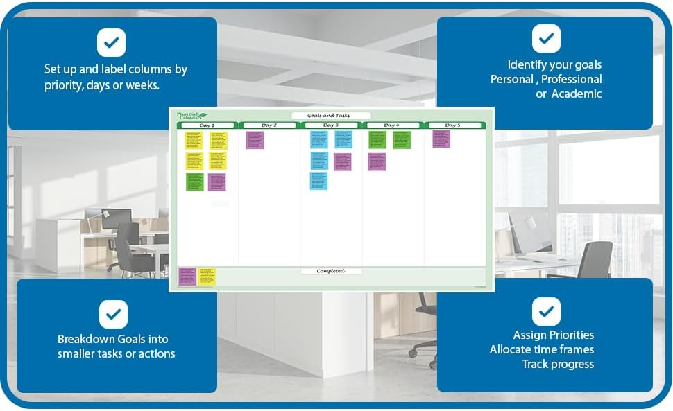 Miniatura 3 de Earth Green - Organizador de pared de 5 columnas borrables en seco, para tareas, objetivos y objetivos, 24 pulgadas de ancho x 19 pulgadas de alto,