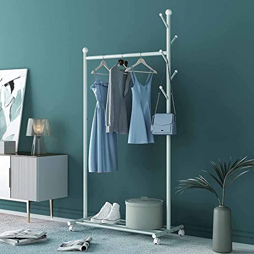 Bagewinner Perchero Burro, Perchero Barra de Ropa con Ruedas, Perchero con Estantes Inferiores, Multifuncional Perchero de Alto Rendimiento Portátil de Dormitorio (Blanco) 105x43x170cm