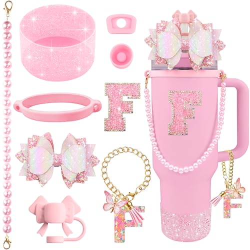 Hpebl 9PCS Pink for Stanley Cup Accessories Set Bling Initials Bow Charms for Stanley Decorations 30/40 Oz Tumbler Accessories Including Bow Straw Topper, Handle Strap, Spill Stopper(Letter F) - image 1