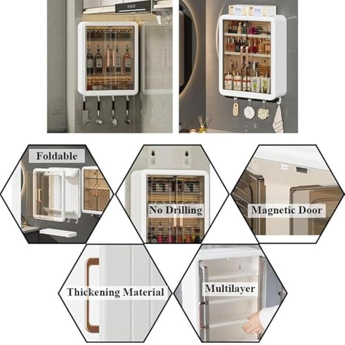 Image of D&h Wall Mounted Foldable Kitchen Storage Cabinet with Magnetic Doors | Multi-Layer Dustproof Organizer Rack | No-Drill Installation | Transparent Double Door Hanging Shelf (32cm x 40.5cm)