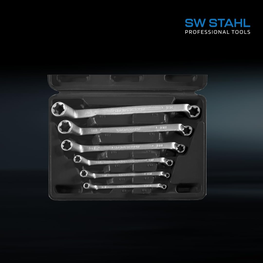 SW-Stahl 01580L Jeu de 6 Clés Mixtes Profil E, E6-E24, Acier | Outils contrecoudés à double déport, tailles E6 x E8 à E20 x E24, finition chromée mate, rangés dans un coffret pratique.
