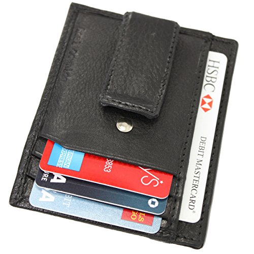 Fine Leather Men's Mini Front Pocket Wallet ID Credit Card Holder with Metal Spring Clip Black2