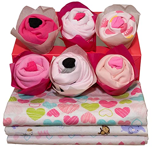 Baby Girl Unique Cupcake Gift Set with Onesies, Blankets and Socks for Welcome Home Baby, Baby Girl Gift Basket