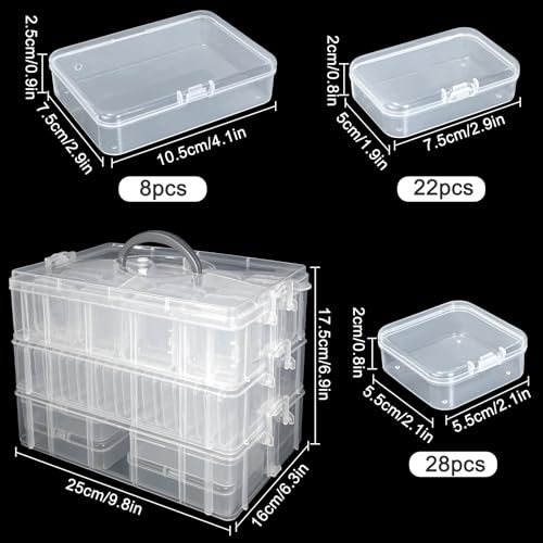 Image of 59 PCS Stackable Bead Organizer Box with Removable Cases, Labels & Handle | Clear Plastic Storage for Beads, Jewelry, Diamond Painting, Screws, Crafts, and Small Parts With Hinged lids