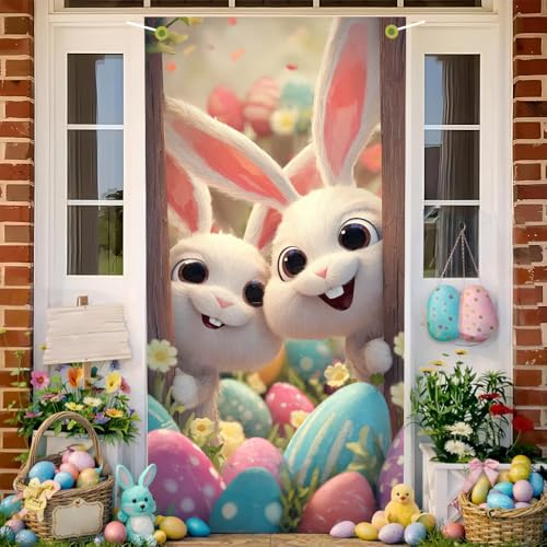 Image of Easter Door Cover 35.43 x 70.87 Inch Two Cute Bunnies Peeking from Wooden Frame with Colorful Eggs Spring Flowers and Soft Lighting Ideal for Holiday Door Decoration and Seasonal Display