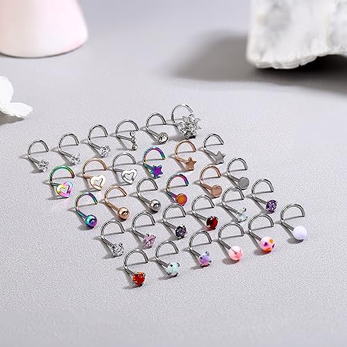 MILACOLATO 30Pcs Nose Rings Studs for Women Men 316L Stainless Steel Nose Piercings Jewelry 18G 20G Straight L Shaped Corkscrew Nose Rings Cubic Zirconia Opal Nose Studs Hypoallergenic 5
