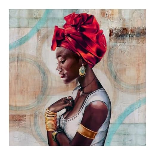 LOLAhome Cuadro Africana Pintado a Mano sobre Lienzo Rojo de 60x60 cm