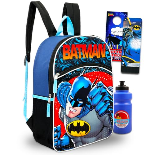 DC Comics Batman Backpack for Kids - 16' Batman School Bag with Batman Stickers, Water Bottle, Door Hanger, and More (Batman School Supplies Bundle)