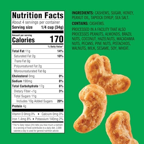 Emerald Nuts Honey Glazed Cashews (1-Pack), 5oz Resealable Bag, Kosher Dairy Certified, Non-GMO, Contains No Artificial Preservatives, Flavors or Synthetic Colors