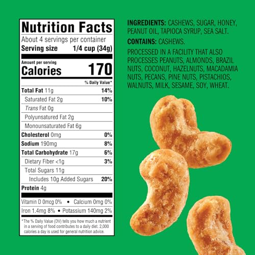 Emerald Nuts Honey Glazed Cashews (1-Pack), 5oz Resealable Bag, Kosher Dairy Certified, Non-GMO, Contains No Artificial Preservatives, Flavors or Synthetic Colors