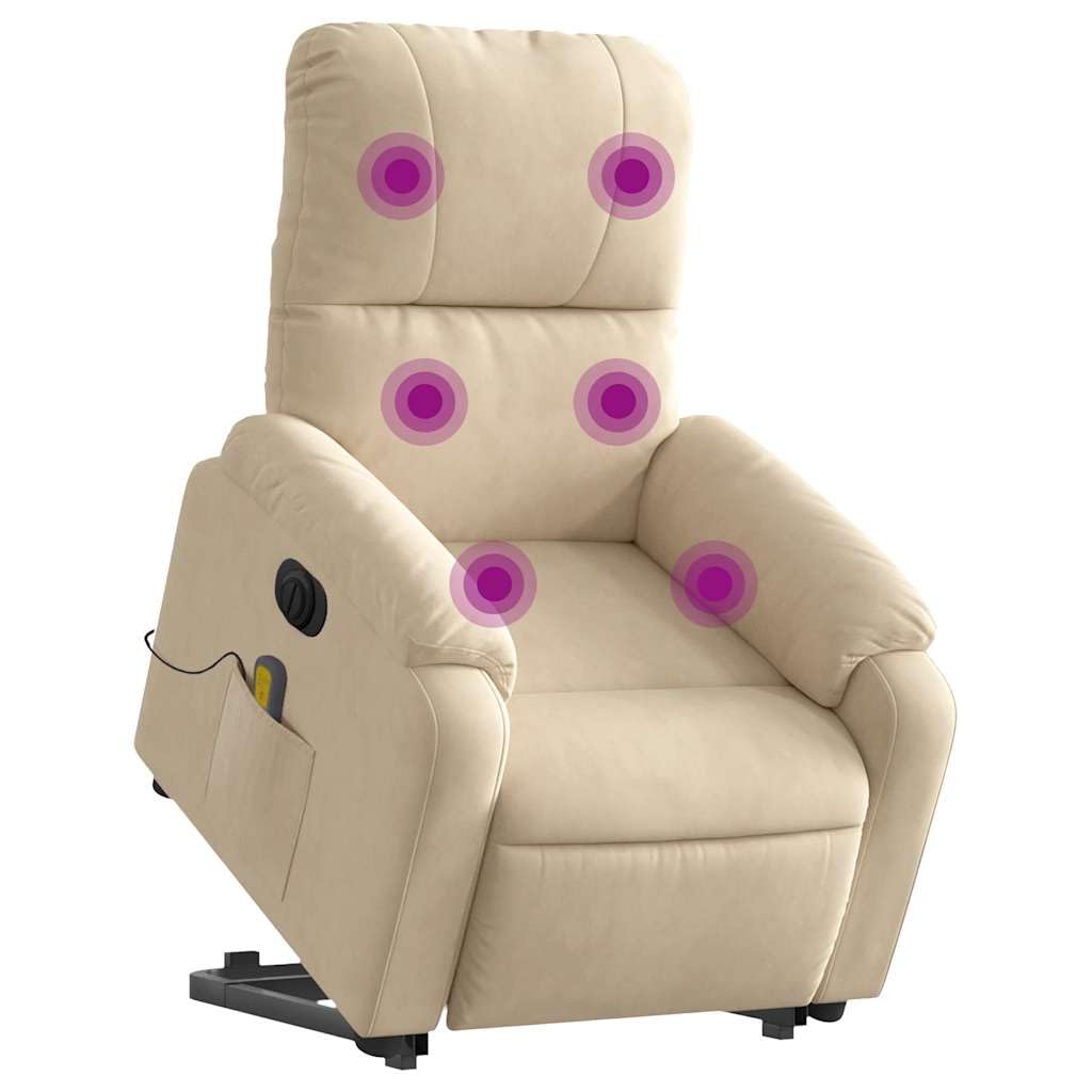 Sillón elevador eléctrico reclinable con masaje de 6 puntos y revestimiento de microfibra color crema, función de elevación e inclinación hasta 135 grados, estructura
