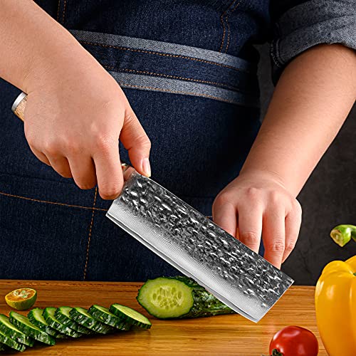 Damascus Nakiri Knife, Yi Japanese Chef Knife 6.5 Inch Meat Vegetable Cleaver Knife with Ergonomic Handle for Home and Kitchen - Ultra Sharp [Gift Box]
