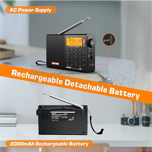 Image of XHDATA D808 Portable AM FM SW LW Air Band Shortwave Radio SSB RDS Multi Band Digital Radio Speaker with LCD Display Alarm Clock External Antenna (Black)