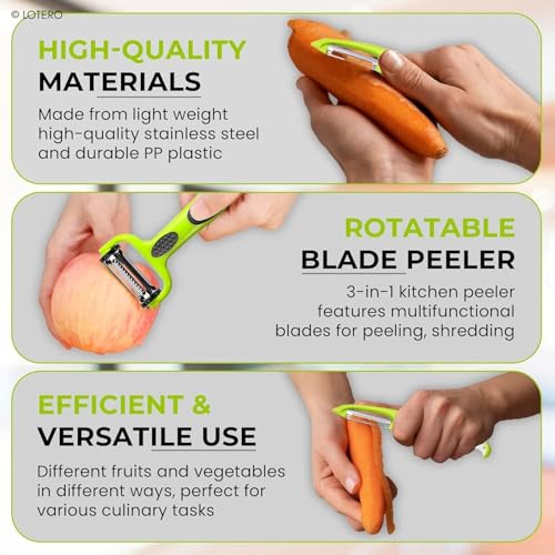 Image of LOTERO Peeler for Vegetables and Fruits | Stainless Steel 3-in-1 Vegetable Peelers for Kitchen | Multi-Functional Slicer, Shredder & Julienne Blades | Ideal Used for Carrots, Cucumbers & More