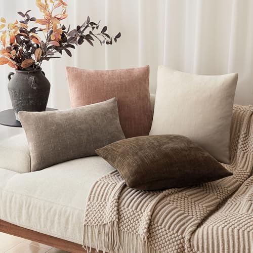 Image of Foindtower Pack of 2 Textured Chenille Throw Decorative Pillow Covers Square Accent Solid Cushion Cover Neutral Farmhouse Pillow Case for Couch Sofa Bedroom Living Room 16x16 Inch,Dusty Pink
