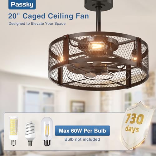 Passky 20 Inch Farmhouse Caged Ceiling Fans with Lights and Remote, Black Downrod Mount Bladeless Fandelier, 6 Speeds Bladeless Ceiling Fan Light for Bedroom, Kitchen, Living Room, Indoor by Passky - Used condition - Image 7