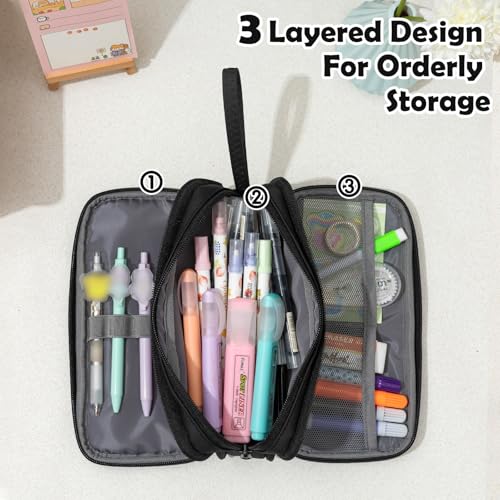 NOL Large Capacity Pencil Case Zipper Pencil Purse 3 Compartment Pencil Pouch Office Stationery Organizer Multi-functional Pencil Bag for School Girl Boy Adults - Black by NOL Natural Organic Lifestyle - Used condition - Image 4