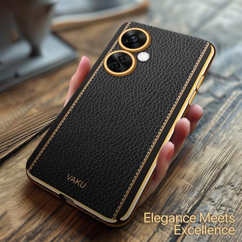 Image of Vaku Luxos Luxemberg Back Cover for OnePlus Nord CE 3 Lite 5G with Leather Pattern Gold Electroplated Soft TPU Cover Shockproof Protective Case- Black