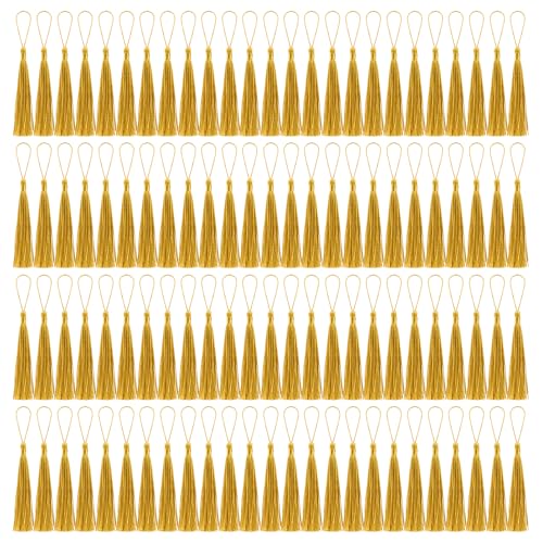 Image of 100 Pcs Bookmark Tassels Bulk Gold Soft Craft Silky Handmade Mini Tassels for Jewelry Making with Loops for DIY Craft Accessory Dress Decoration
