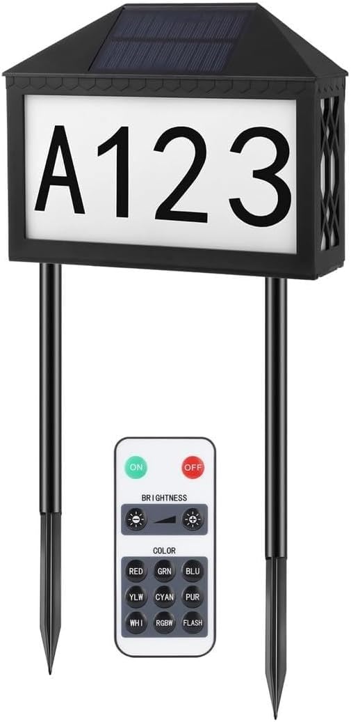 Colorful Solar Address Sign with 60 Christmas Stickers, Led House Number Plaque with Stakes & Screws, Remote Control Outdoor Light for Garden and Driveway