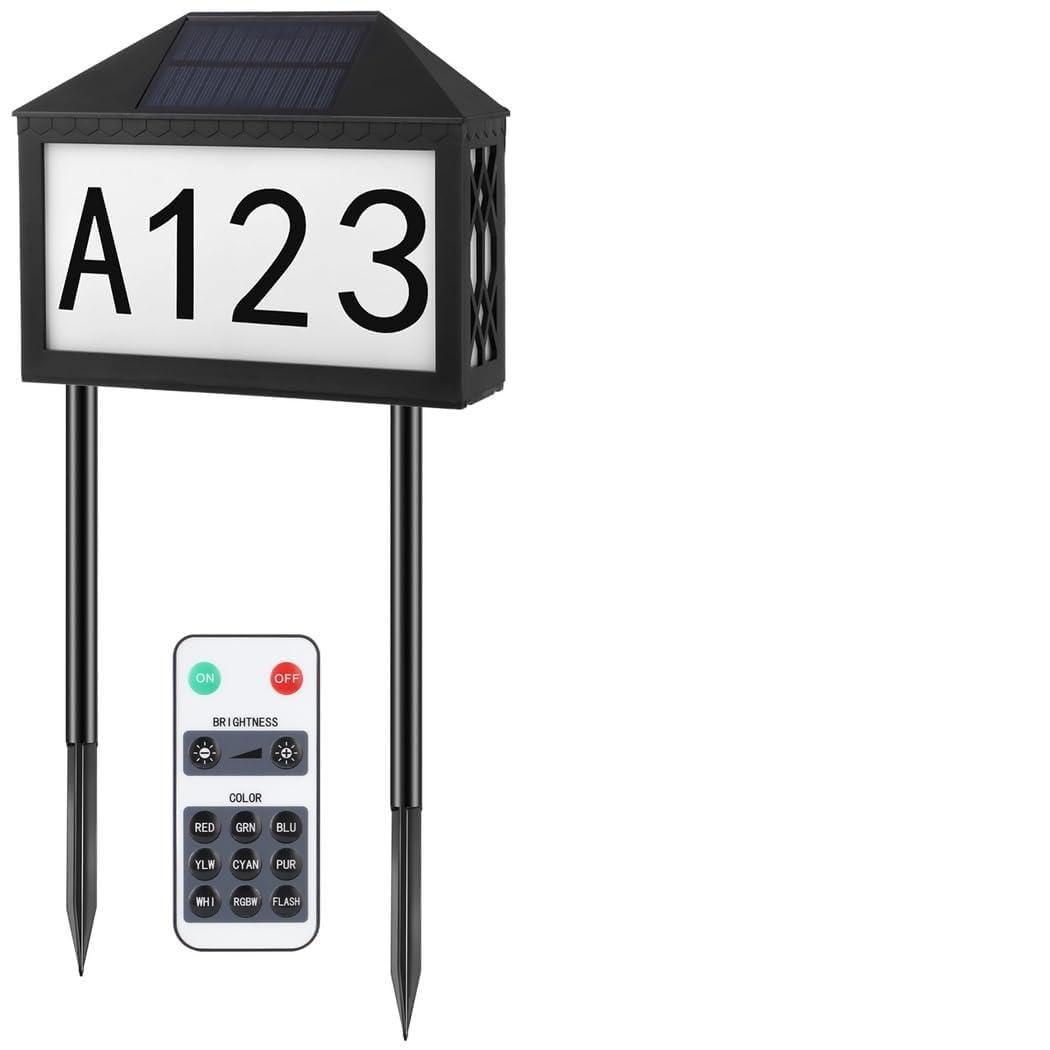 Solarny znak adresowy z 60 naklejkami świątecznymi, numerami domów LED, kolorowe światło zasilane energią słoneczną z pilotem, słupkami i śrubami do zawieszania do ogrodu i podjazdu