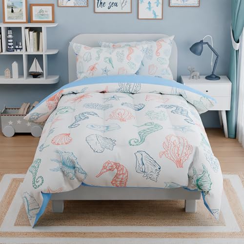 Image of Kids Bedding Set for Girls Boys, Ultra Soft Microfiber Comforter Set Full Size with 4-Pieces, Seashell Ocean Comforters Bed Sets for Kid Children Teen Tween Bedroom Decor