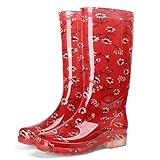 Osheoiso Damen Gummistiefel Blumenmuster Hohe Regenstiefel Erwachsene Jugendliche rutschfest Verschleißfest Wasserstiefel Langschaft Gummistiefel Gartenschuhe B Rot 38 EU