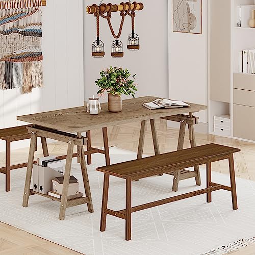 HOOBRO Pair of 2 Dining Benches, Industrial Table Benches, Bamboo Dining Bench, Table Bench, Kitchen Bench, Entrance Bench, Hallway Bench, Easy to Assemble BF02CD01-MA03CD01G2